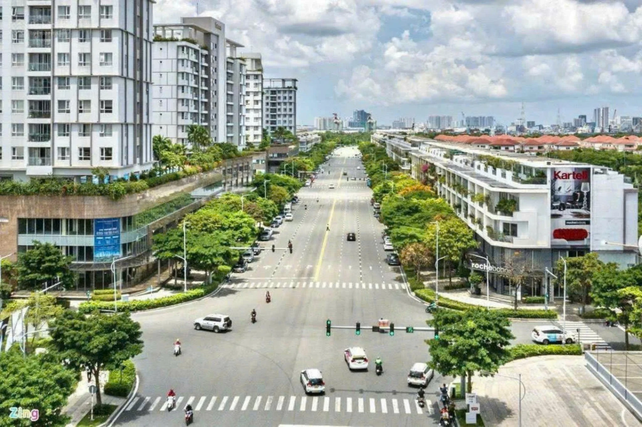 Hình chụp trục đường Nguyễn Cơ Thạch tại khu đô thị Sala Thủ Thiêm, nơi tập trung nhiều căn shophouse thương mại cao cấp.