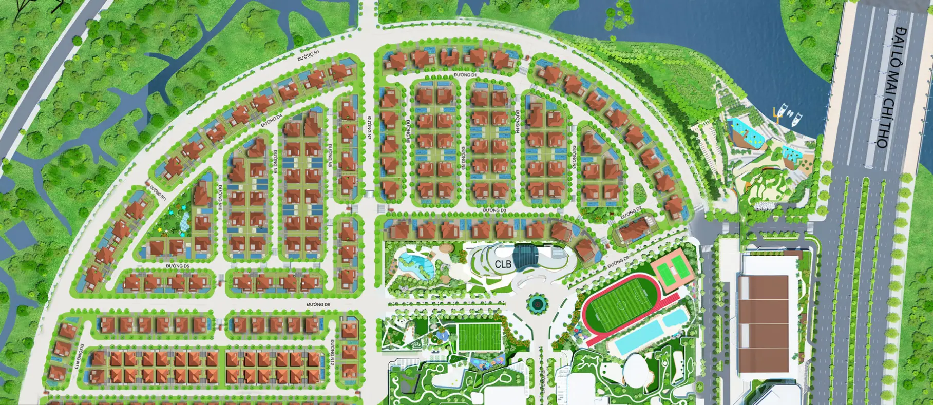 Sơ đồ quy hoạch khu biệt thự Saroma Villa tại Sala Thủ Thiêm, phân khu biệt lập, kết nối đường Mai Chí Thọ và hệ sinh thái ven sông.